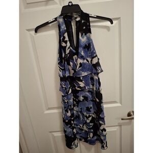 Kenneth Cole NEW YORK Size 8 Blue Black White Tiered Ruffle V-Neck Travel Dress